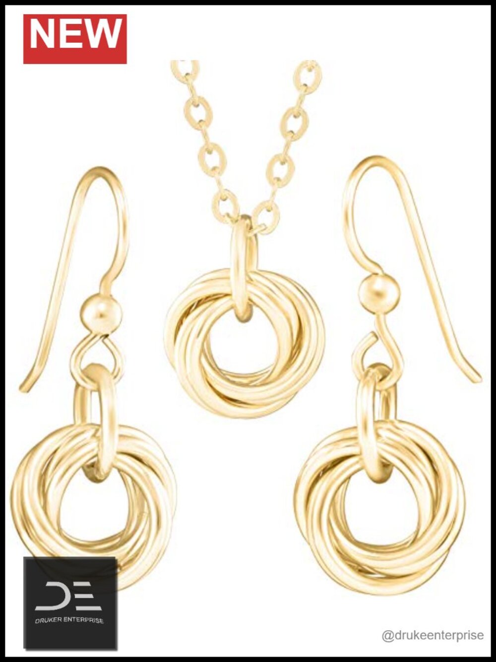 14K Yellow Gold Filled Love Knot Necklace and Earring Set for Women